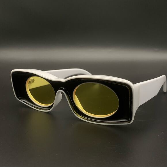 NEW Avant Garde Black & White Square Frame Sunglasses with Round Yellow Lenses - Picture 2 of 12